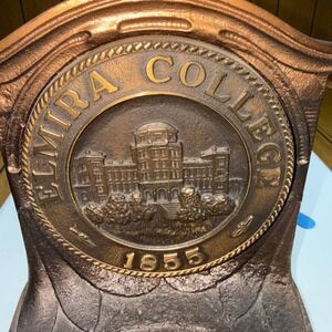 Vintage Elmira College 1855 Cast Metal Bronze Tone Bookend Collegiate Seal
